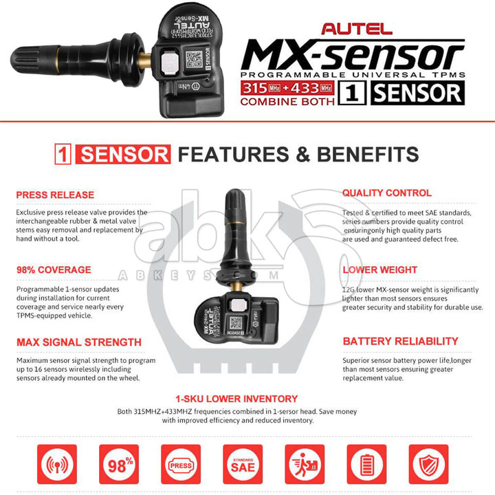 Autel MX-Sensor Programmable TPMS Sensor 2-In-1 315MHz-433MHz Rubber Tire Pressure Sensor - ABK-1249