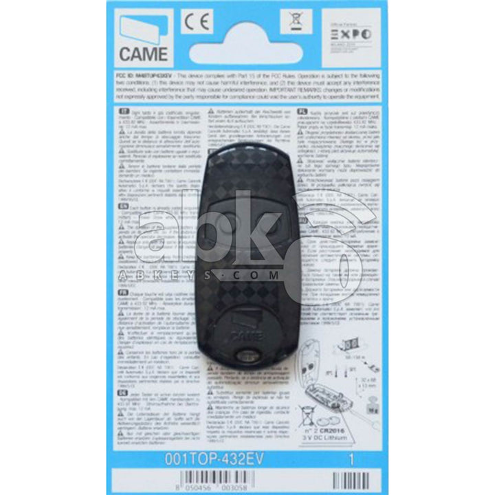 Came Top 432EV Remote Control 2Buttons 433MHz TOP-432EV - ABK-45-01 - ABKEYS.COM