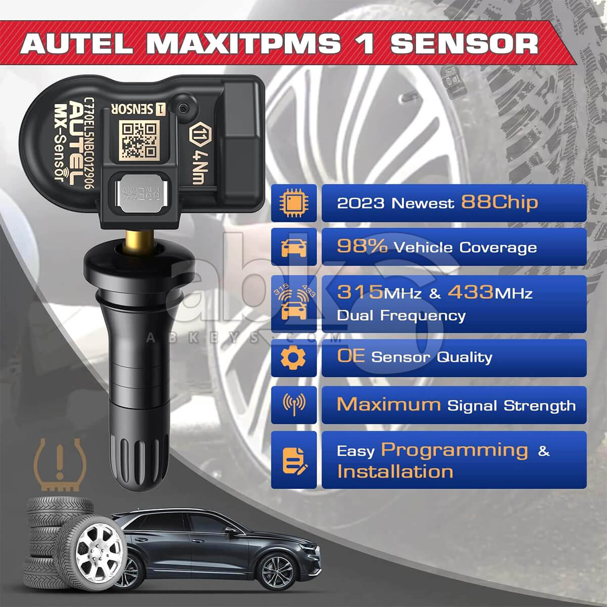 Autel MX Sensor Programmable TPMS Sensor 2 In 1 315MHz 433MHz Rubber Tire Pressure Sensor 25Pcs