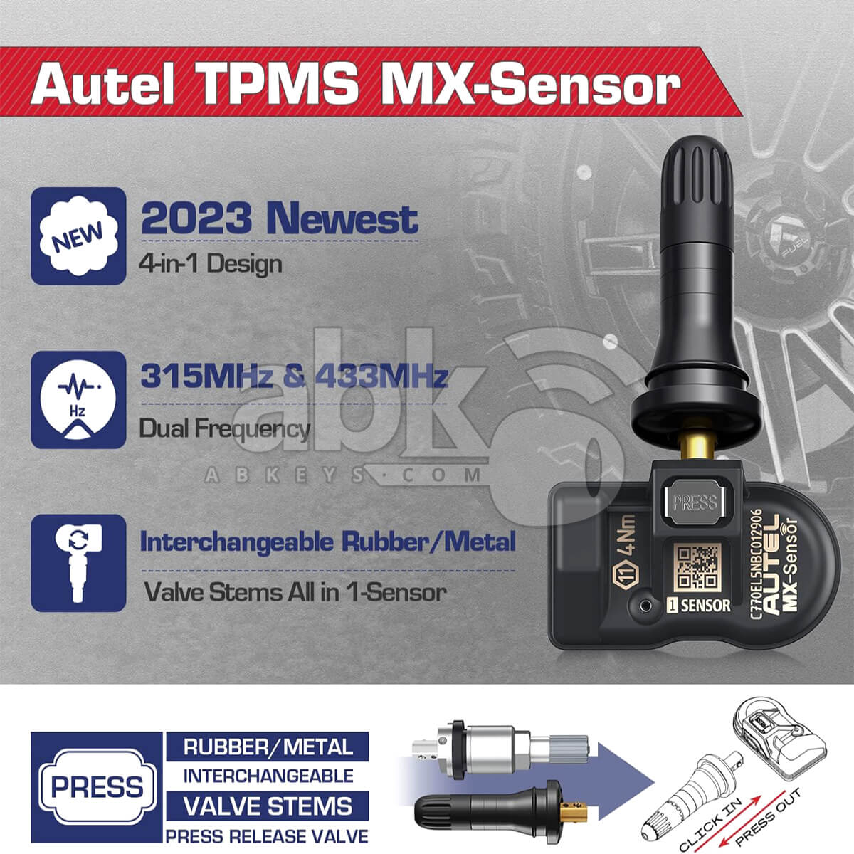 Autel MX Sensor Programmable TPMS Sensor 2 In 1 315MHz 433MHz Rubber Tire Pressure Sensor   ABK 1249
