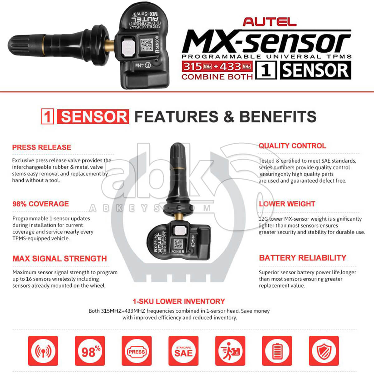 Autel MX Sensor Programmable TPMS Sensor 2 In 1 315MHz 433MHz Rubber Tire Pressure Sensor   ABK 1249