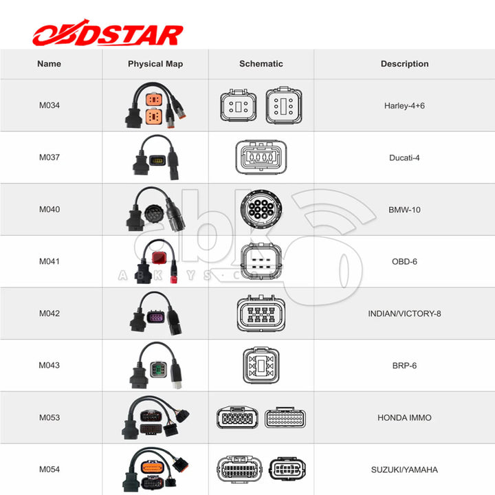 OBDStar Motorcycle Cable Set of 8 Cables For OBDSTAR G3 Programmer - Support key programing & diagnostic