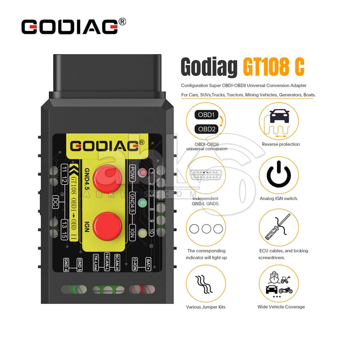 GODIAG GT108 C Configuration OBDI OBDII Universal Conversion Adapter   ABK 433   ABKEYS