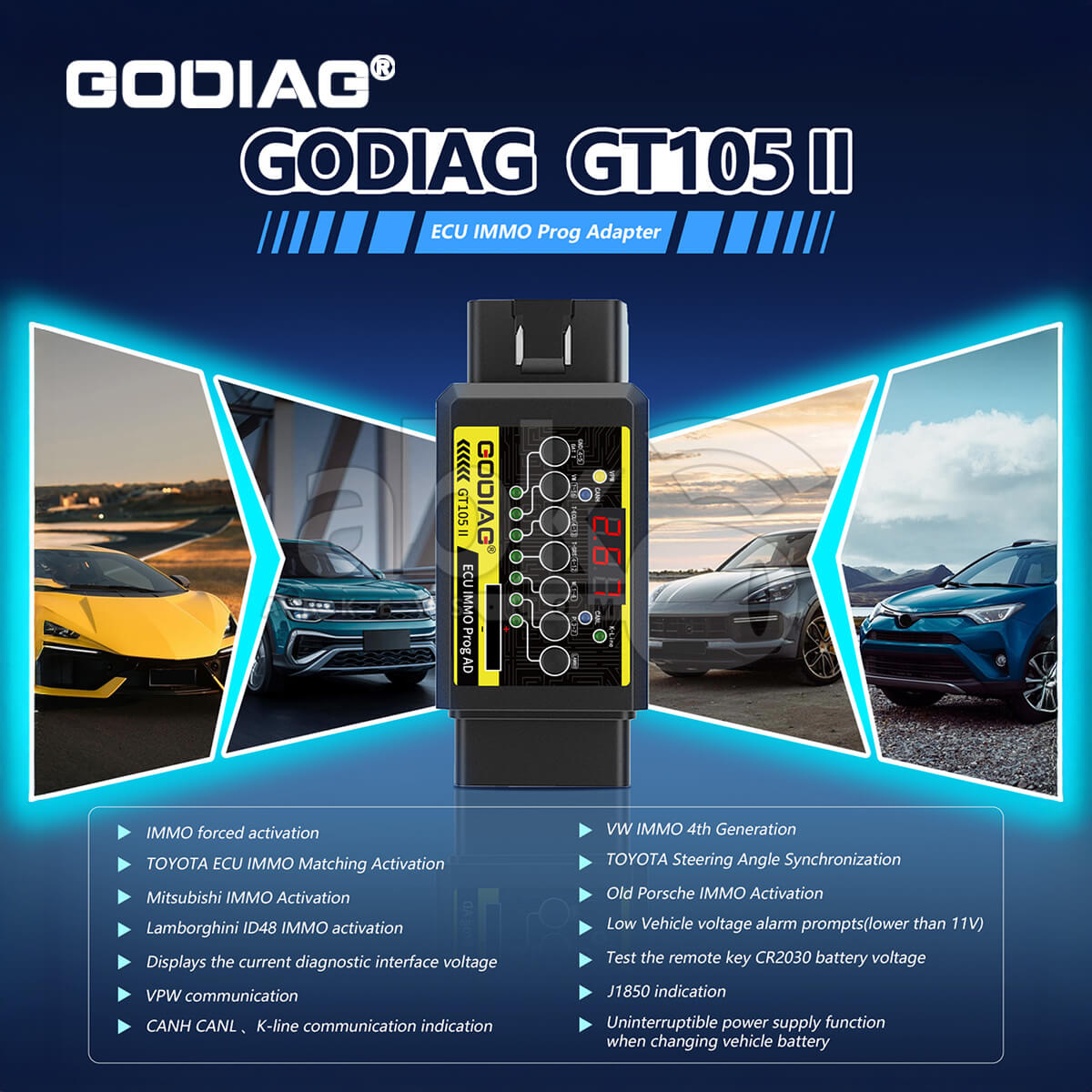 GODIAG GT105 II ECU IMMO Prog AD OBD2 Break Out Box ECU Connector Display Vehicle Voltage   ABK 537