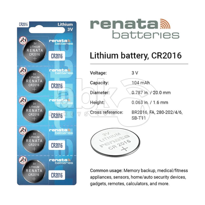 Renata Remote Battery CR2016 For Remotes & Smart Keys 5Pcs Set - ABK - 540 - 2016 - SET5 ABKEYS.COM