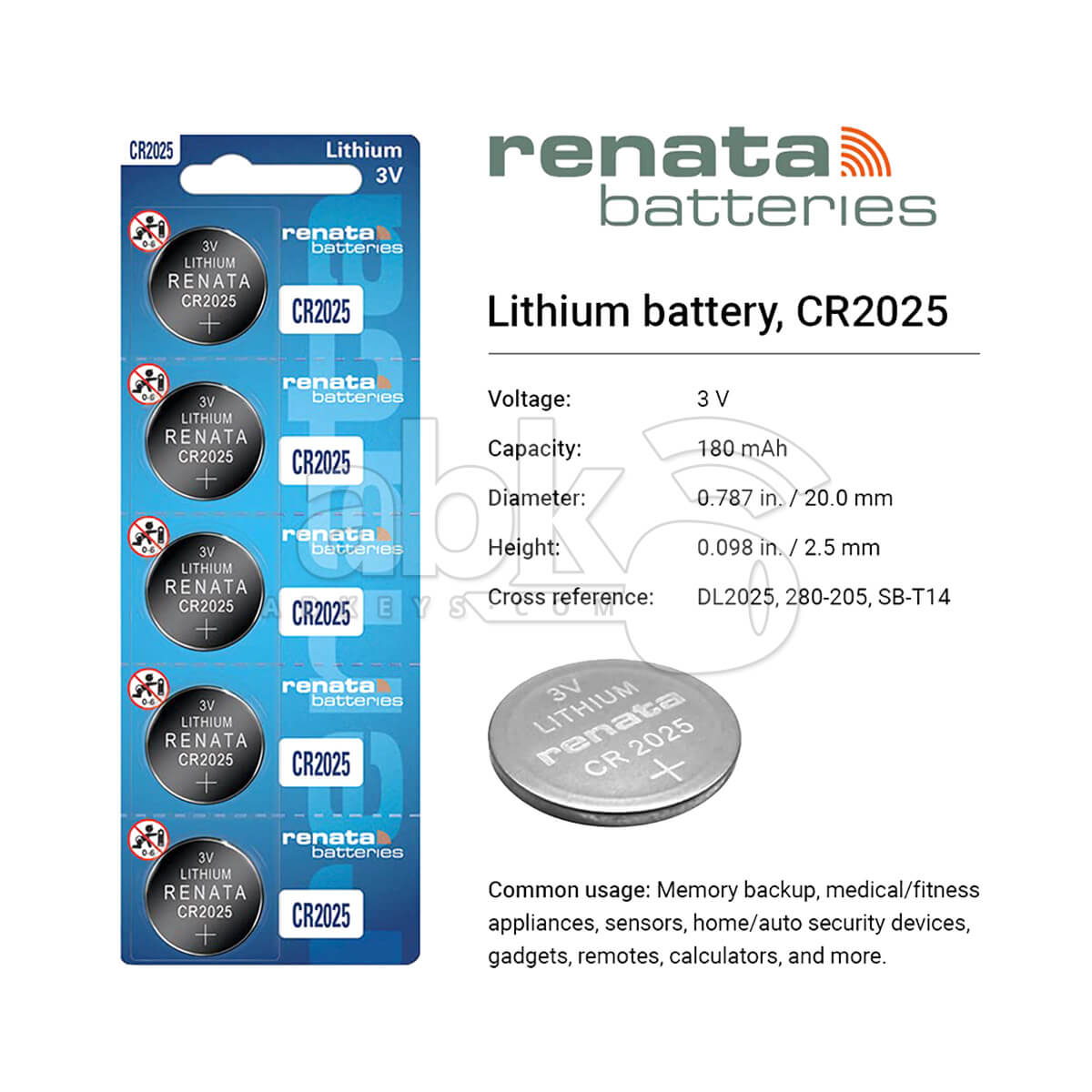 Renata Remote Battery CR2025 For Remotes & Smart Keys 5Pcs Set   ABK 540 2025 SET5   ABKEYS