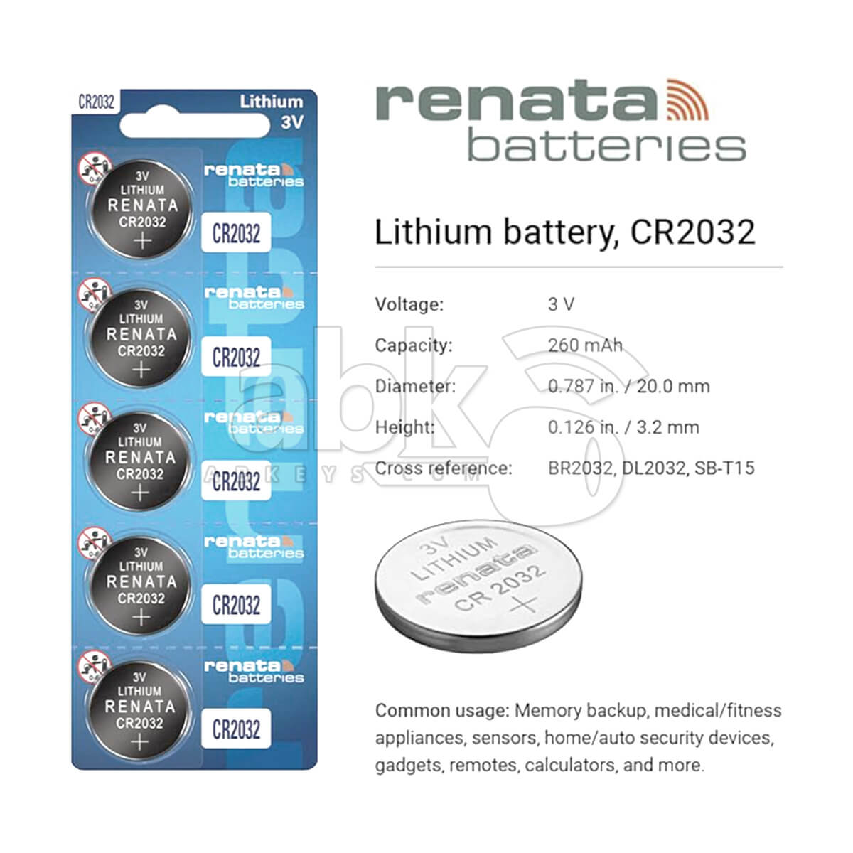 Renata Remote Battery CR2032 For Remotes & Smart Keys 5Pcs Set   ABK   540   2032   SET5 ABKEYS