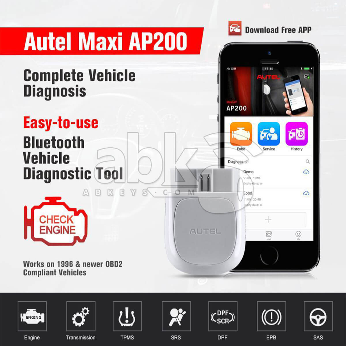 Autel MaxiAP AP200 Bluetooth OBD2 Diagnostic Scanner   ABK 1287   ABKEYS