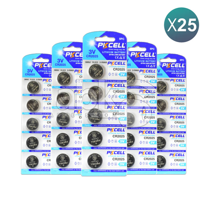 PKCell Remote Battery CR2025 For Remotes & Smart Keys 25Pcs Bundle = 125 Batteries Offer -